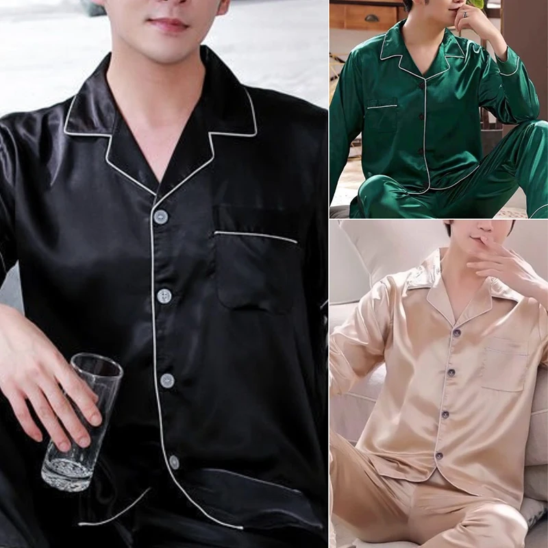 Lapel Long-Sleeved Cardigan Pajamas Men Korean Black Ice Silk Youth Casual Men\'s Silk Home Wear Students Pajamas Young Boys