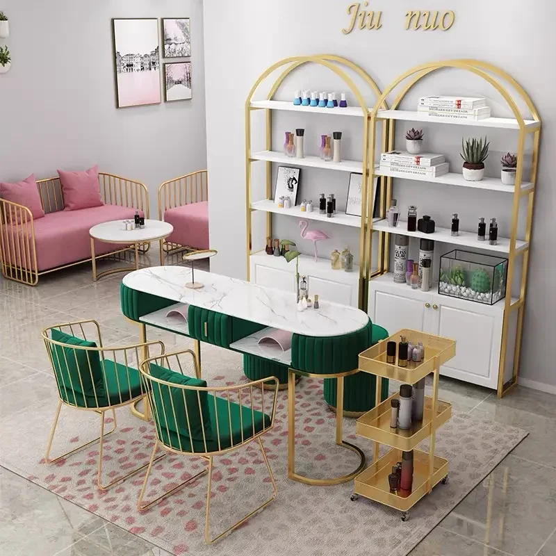 Luxury Pink Velvet Marble Top Manicure Table Color And Size Can Be Customized Beauty Furniture Nail Tables And Chairs Sets