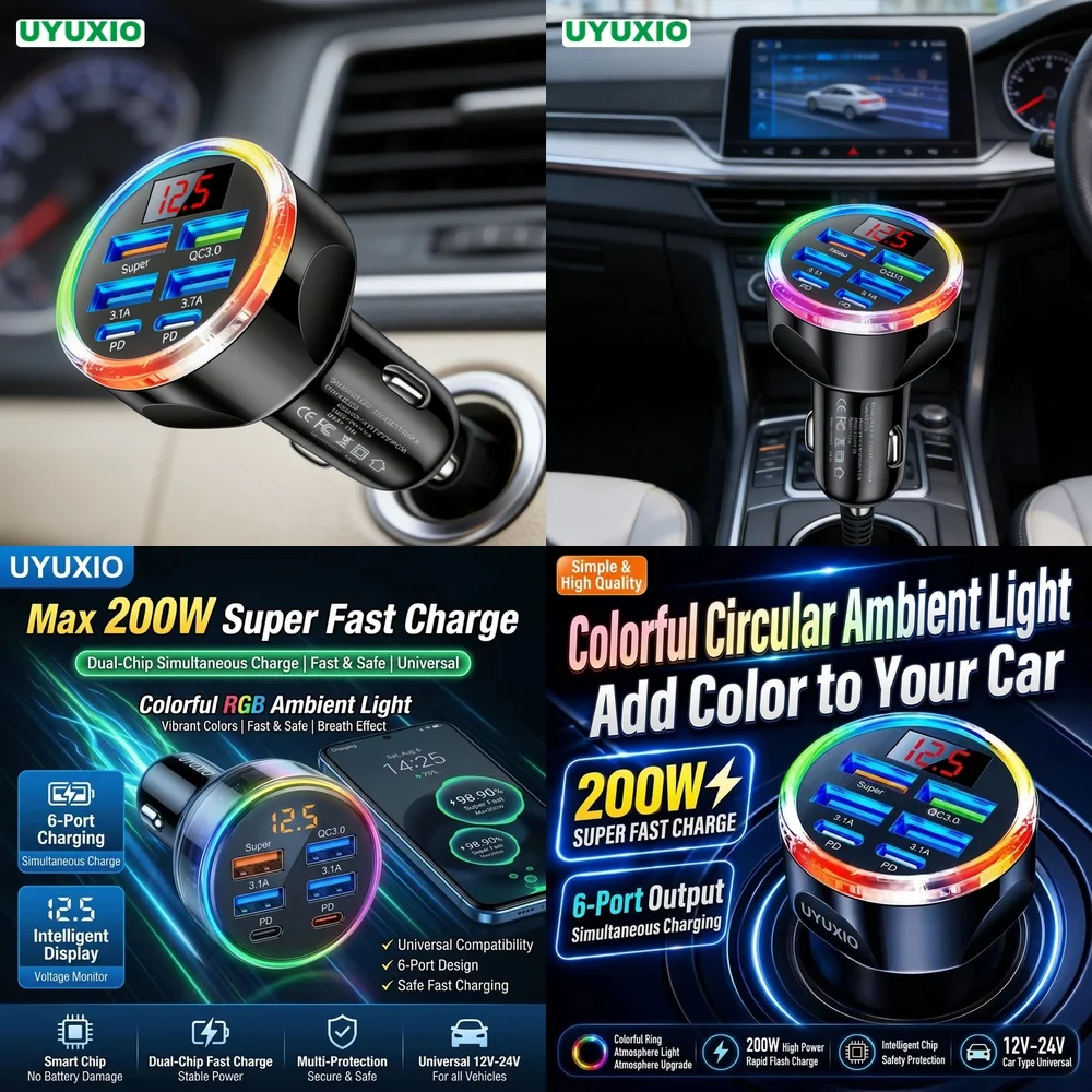 Multi Port Fast Charging Car Plug New Products 2026 for iPhone 18 17 16 Samsung S26 S25 S24 with Fast Charging RGB LED Light Hub