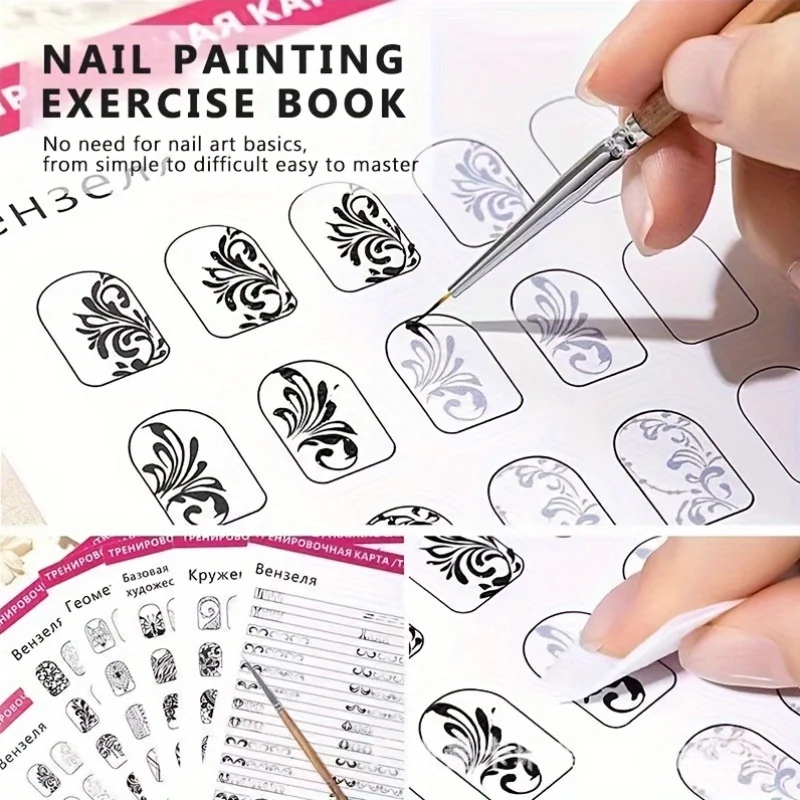 12pcs Nail Art Practice Book Set With Colorful Line Floral Pattern Templates For Basic Design Training, Reusable Beginner Tools