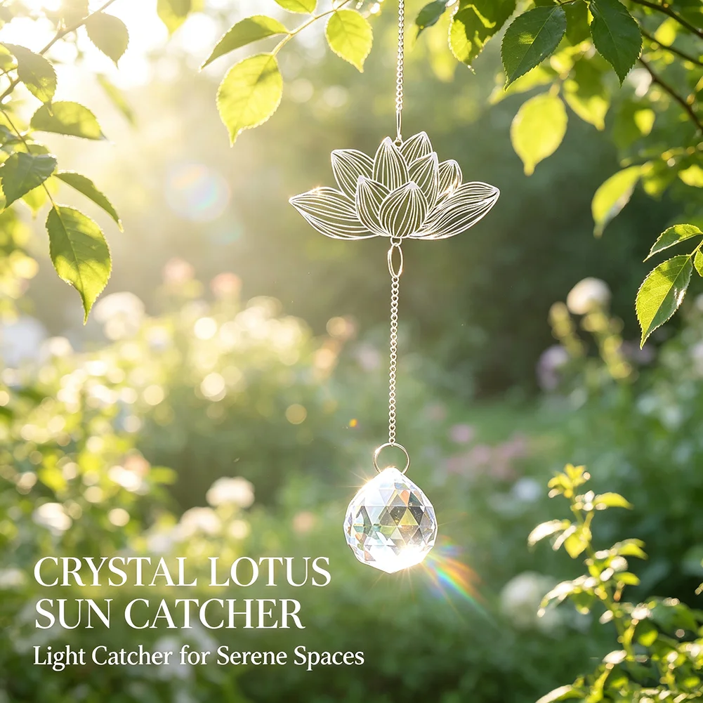 Silver Lotus Crystal Suncatcher Hanging Prism Rainbow Maker Light Catcher Zen Yoga Meditation Window Garden Home Decor Ornament