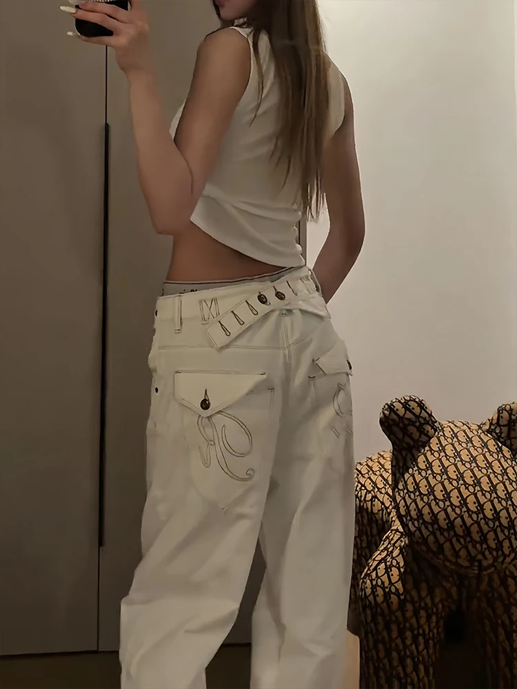 

Parisian Design Adjustable Buckle White Denim Women's Summer New Style American Hot Girl Wide Leg Floor-Length Pants