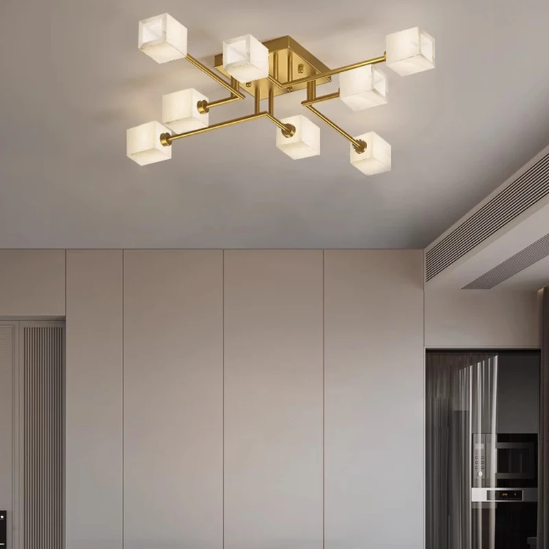 Postmodern Light Luxury Living Room Square Marble Ceiling Lamp Dining Room Apartment Hotel Classic Brass Ceiling Light