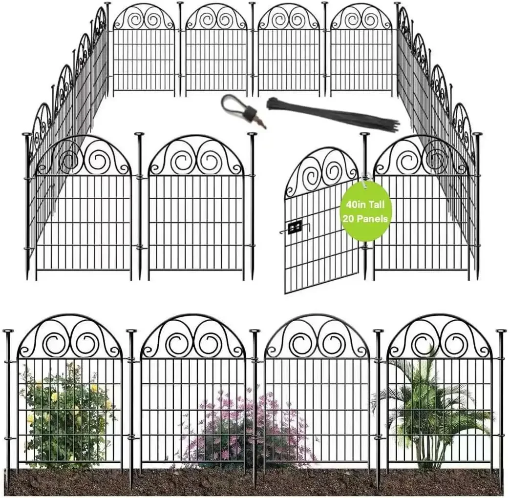Tall Garden Animal Barrier Fencing with Gate, 40 Inch(H) 20 Panels Total Length 43.7 Ft Outdoor Dog Fence, Picket Fences, Reusab