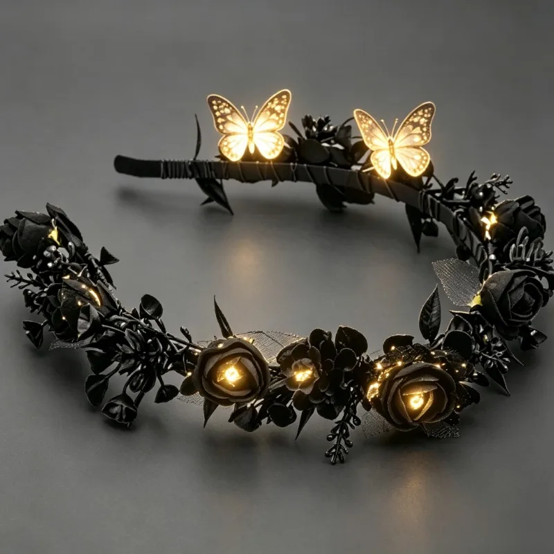 Led Light Up Artificial Rose Flower Headband, Black Gothic Lace Hair Hoop for Women, Luminous CROWN Headpiece, Halloween Vampire 3