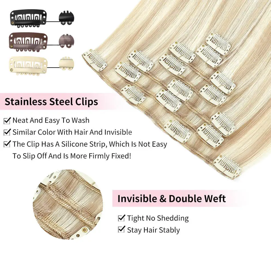 Brazilian Highlight #P18/60 Straight Clip In Hair Extensions 7 Pcs/Set Full Head For Women 100% Remy Clip Ins Human Hair 12