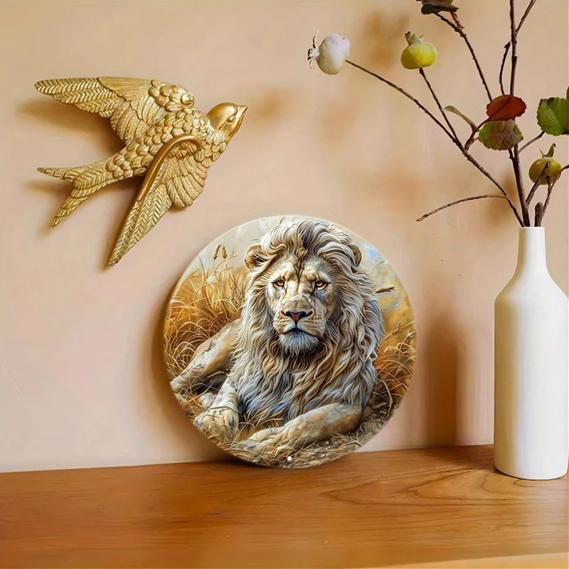 African Lion Aluminum Metal Wall Art Decor, Round Waterproof Sign, Pre-drilled Holes, HD Printing Quality Outdoor Wreath Decor