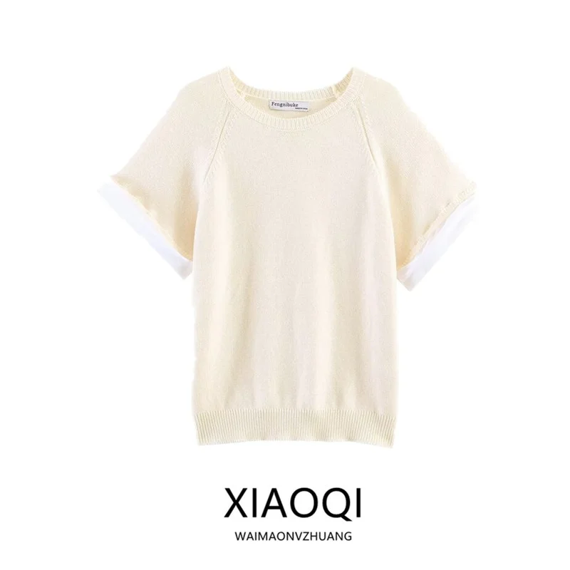 

Spring 2026 New Women's Knitted Sweater round Neck Short Sleeve Cuffed Sleeve Patchwork Loose Fit Casual Comfortable Top