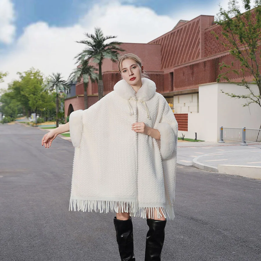 

Soft Comfort Herringbone Velvet Faux Fur Outerwear Long Cape Hooded Poncho Women Winter Loose Thicken Princess Party Cloak