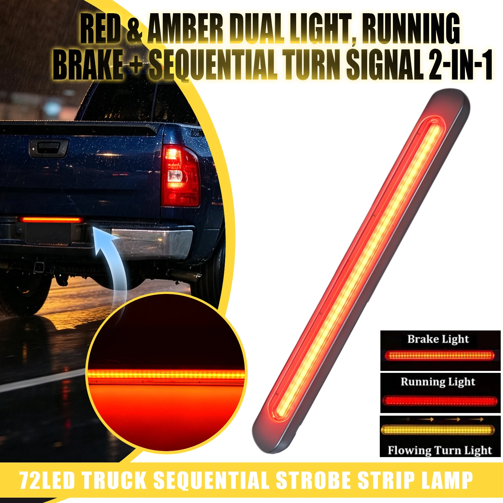 Motorcycle Tail Light Strip Yellow Flowing Turn Signal Red Strobe Brake Warning Light Bar Stop Lamp 12V LED