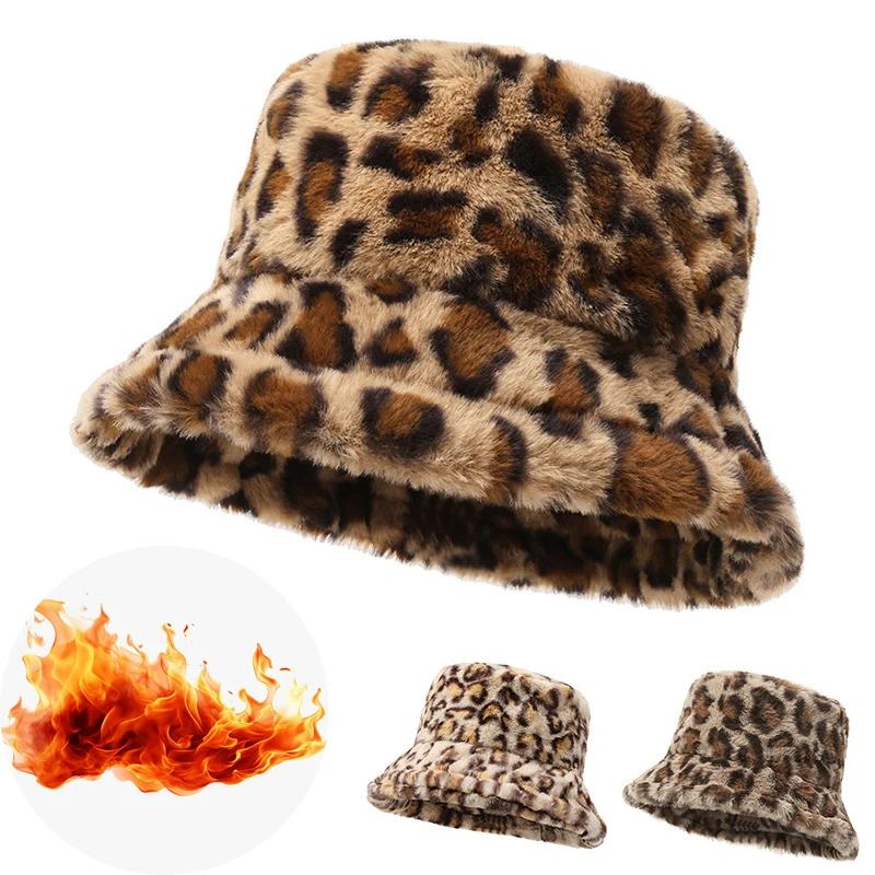 

New Winter Warm Leopard Print Fisherman Bucket Hats for Woman and Girls Versatile Warm Hat Ins Plush Windproof Caps Gorras
