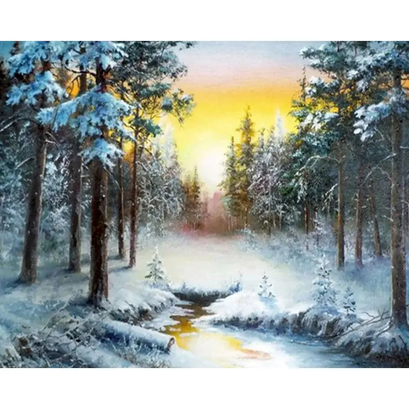 Malen nach Zahlen, Schneelandschaft, Zeichnung auf Leinwand, handgemalt, DIY-Winterbild-Sets, Heimdekoration, Weihnachtsgeschenk