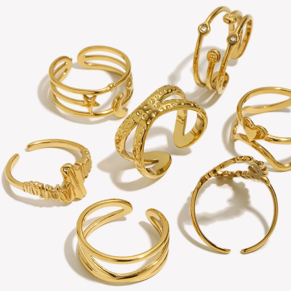 E.B.belle Stainless Steel Cross Dot Open Ring Sun Moon Width Ring Small Lace Ring Vertical Pattern Opening Gold Plated Ring