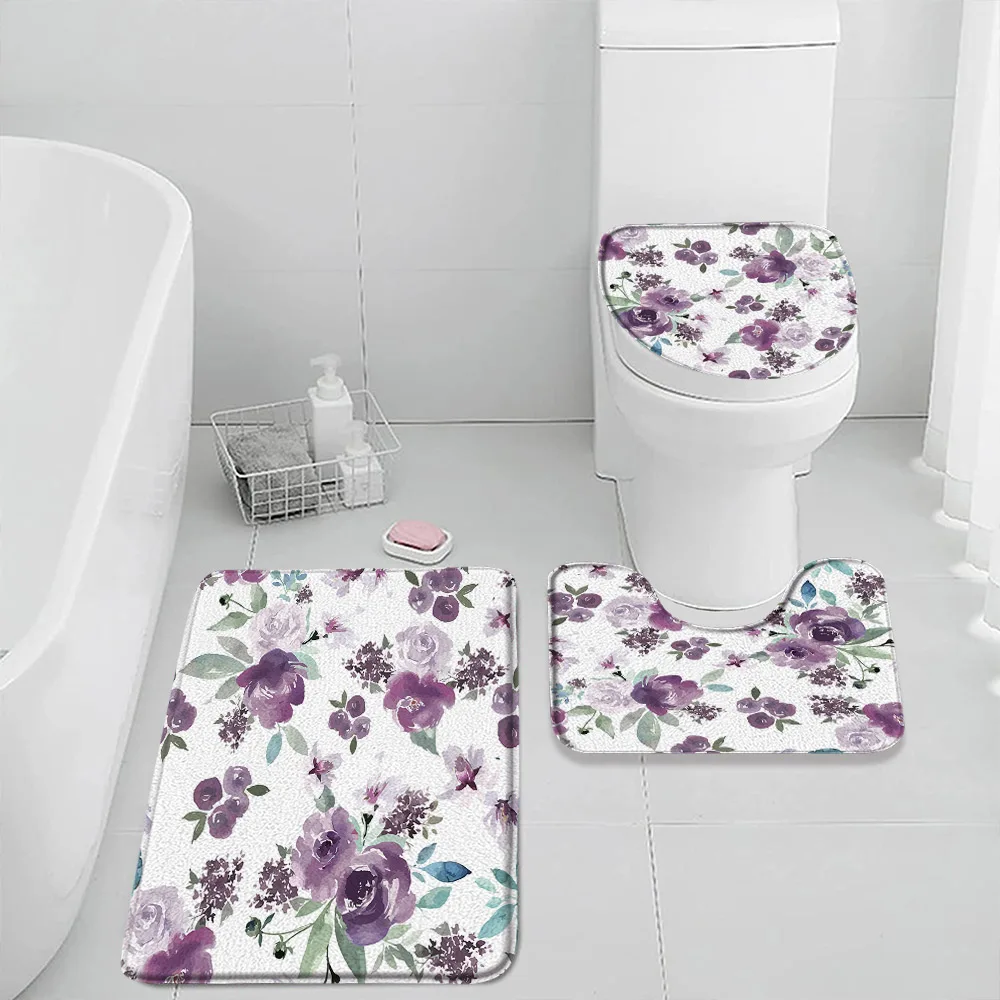 

Flowers Bath Mat Set Watercolor Flower Plants Greenery Bathroom Decorations Modern Bathtub Rug Home Carpet Toilet Lid Cover