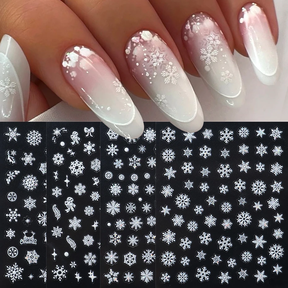 2 uds. De pegatinas para decoración de uñas con purpurina de copo de nieve blanco, calcomanías para uñas nevadas de Navidad e invierno, pegatina 3D, decoraciones artísticas para uñas de Navidad, manicura