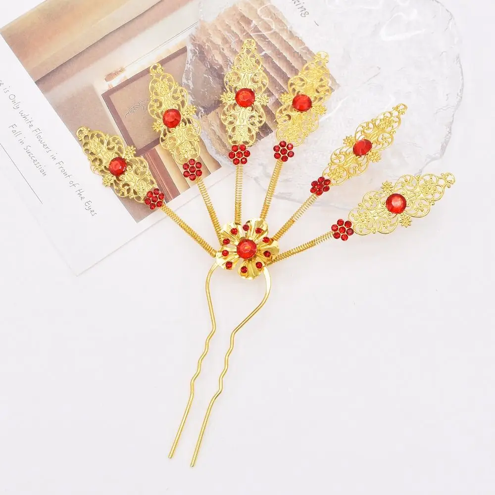 Ancient Style Headwear Thai Headdress Leaf Ancient Hanfu Headwear Metal Hair Sticks Crystal Gold U Shape Hairpin