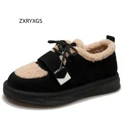 ZXRYXGS Spell Color Splicing Frosted Leather Suede Surface Winter Flat Shoes Snow Shoes 2023 New Warm Casual Shoes Women Flats