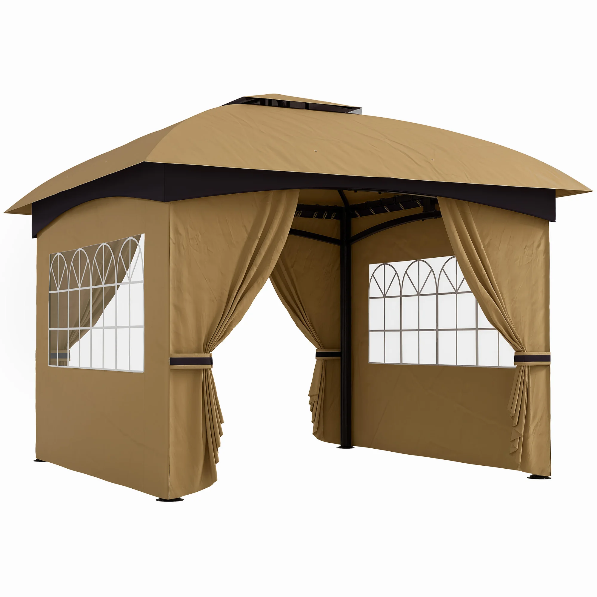 11' X 11' Outdoor Gazebo with Curtains, Church Windows, Beige