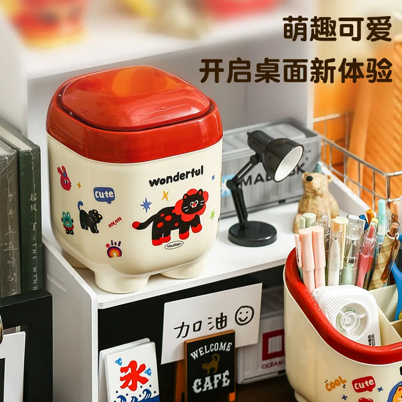 Dopamine desktop mini trash can 2025 new high-value storage bucket with lid, small paper basket in student dormitory