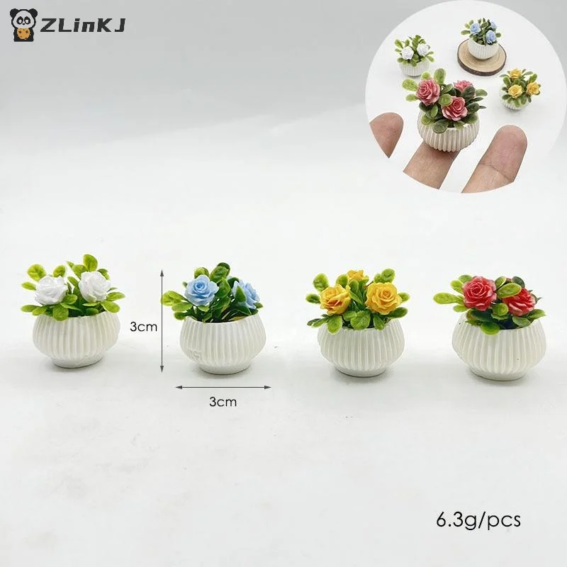 ▶1Pcs Doll House Living Room Scene Decoration Mini Rose Plant Potted Plants Model Miniature Landscape Handicrafts