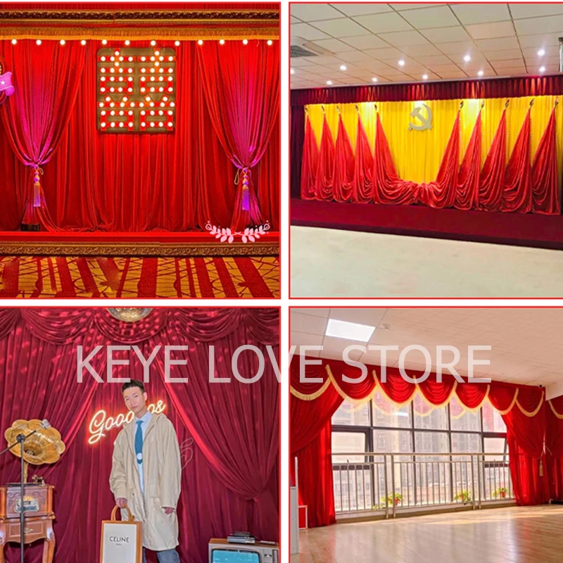 

Wedding Background Gauze Golden Velvet School Kindergarten Stage Layout Celebration Meeting Hanging Cloth Decoration Red Curtain