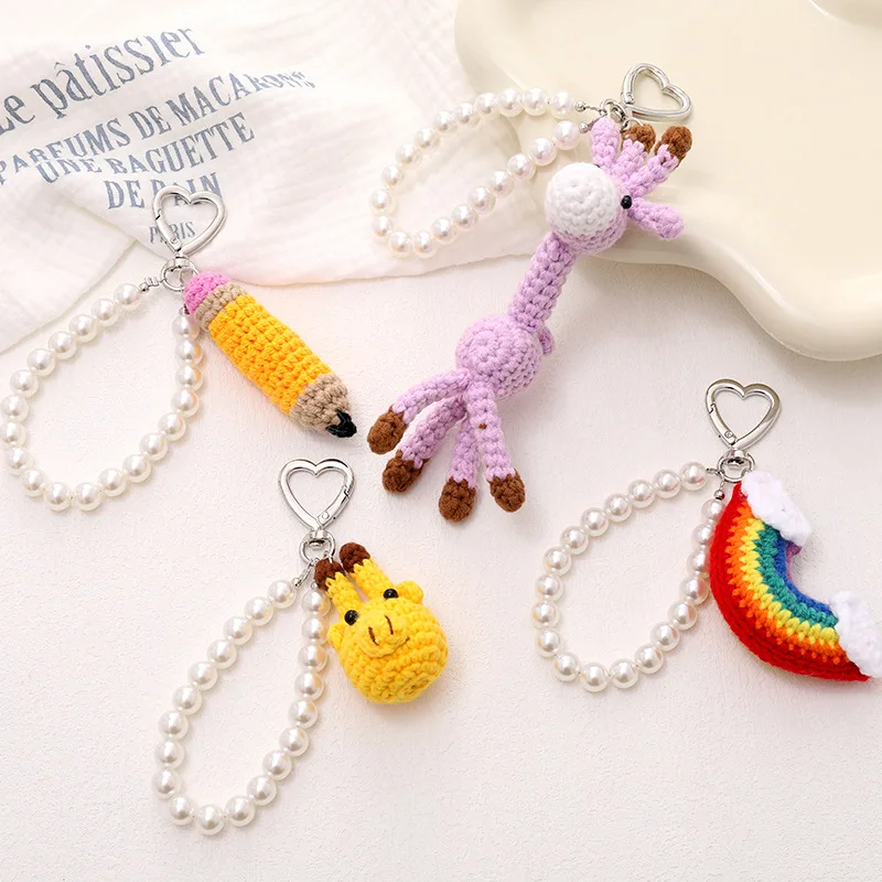 Cute plush crocheted giraffe bag hanging mobile phone pendant short key lanyard earphone case pendant