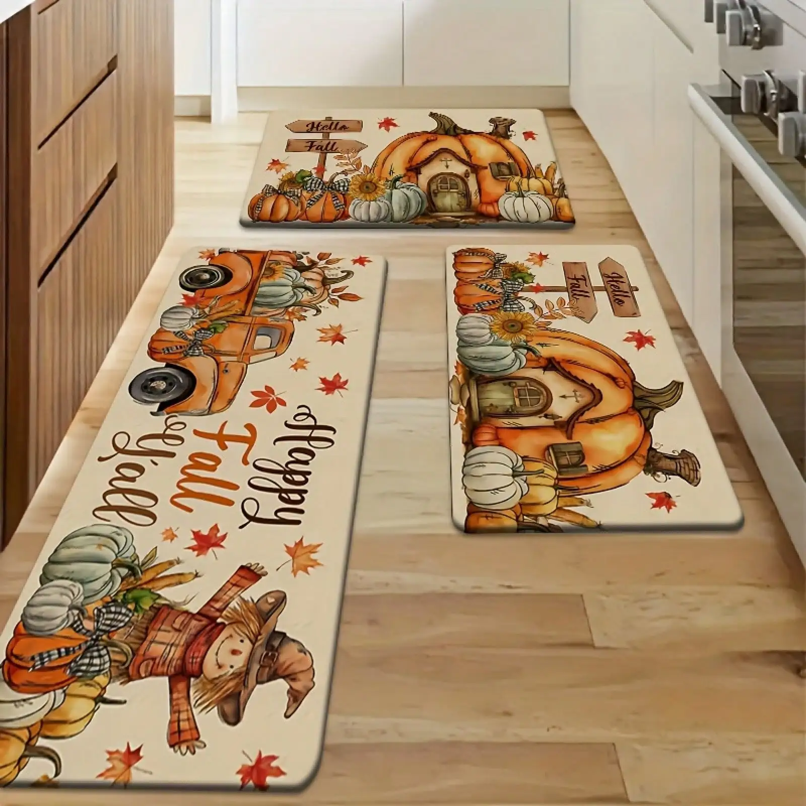 Autumn Set | Farmhouse Style Non-Slip Kitchen Mats With Pumpkin Corn & Fall Leaf Design - Plush Thanksgiving Harvest Decor - Washable Soft Entryway, Bathroom, Living Room | Fiber Beige/Brown