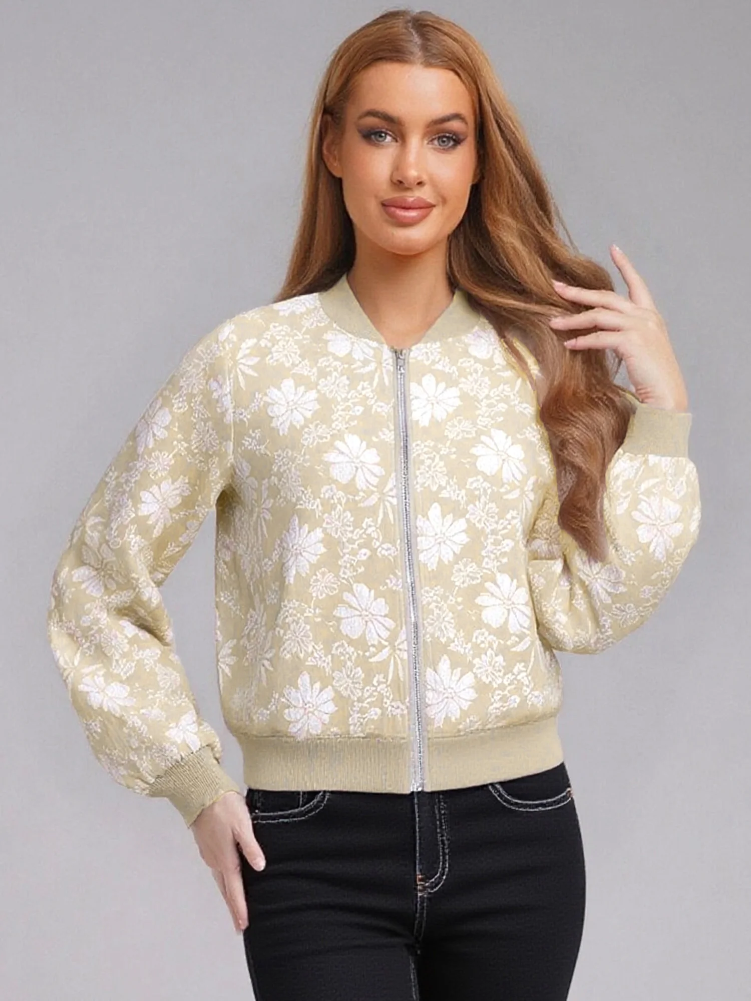 Giacca bomber da donna Cappotto jacquard squisito Streetwear Autunno Abbigliamento da strada Lady Manica lunga Cerniera frontale Cappotti Capispalla