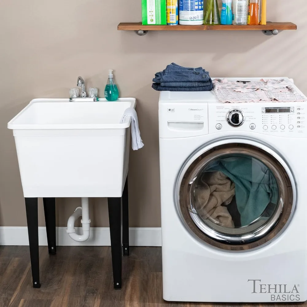 Robustes, 21 Gallonen weißes, freistehendes Spülbecken mit Chrom-Wasserhahn und zwei Griffen für den langlebigen Heimgebrauch