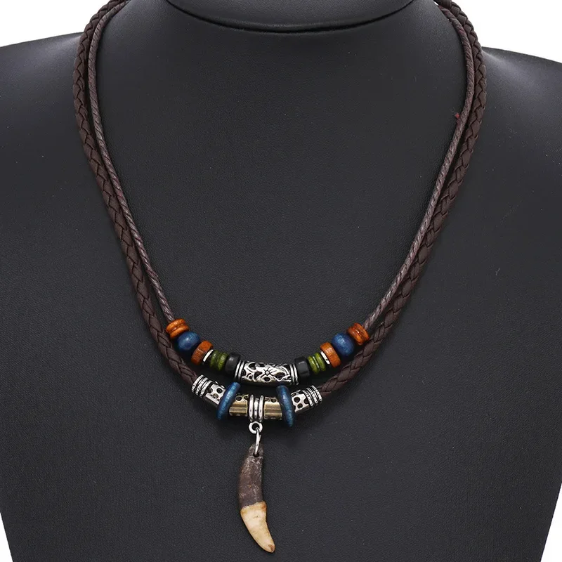 Men Women's Fashion Goth Multi-layer Vintage Wolf Tooth Pendant Leather Beaded Weaved Prayer Necklace Fashion Jewelry Necklaces