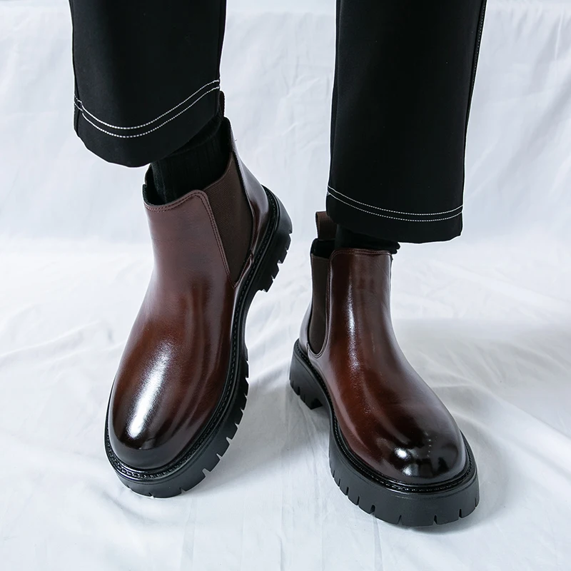 Men's British Style Chelsea Boots Genuine Leather Elastic Ankle Boots Comfortable Soft Lining Casual Date Business Shoes for Men