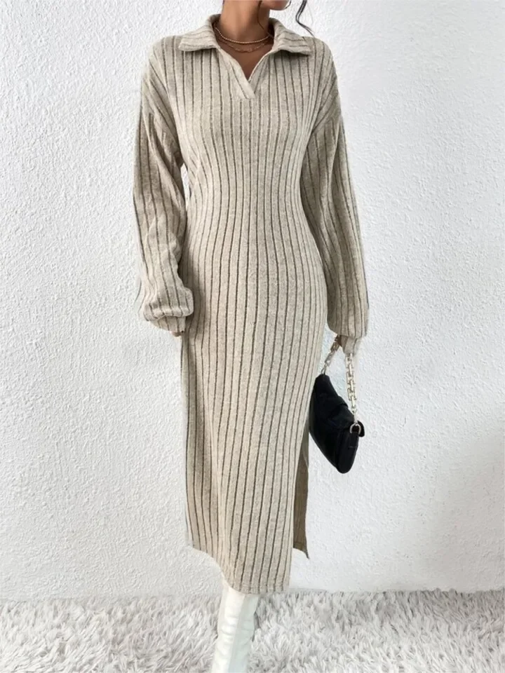 

Fashion Knitted Off-shoulder Long-sleeved Loose Women's Dress Autumn New Casual Simple Slit Elegant Female Office Dresses 2025