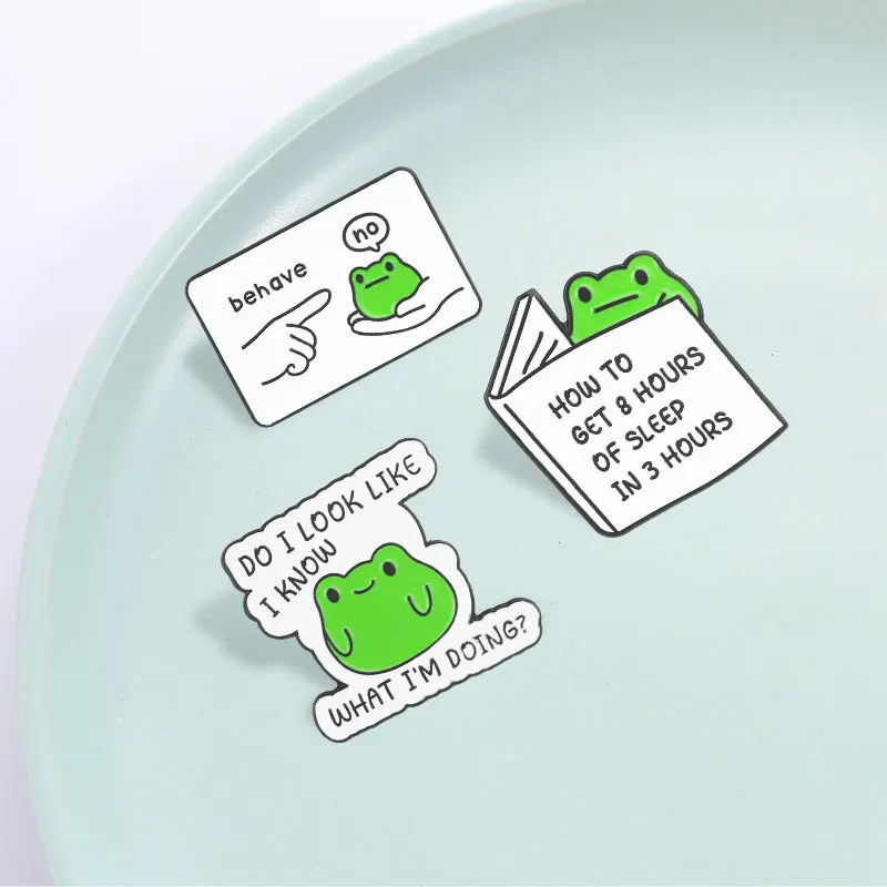 Cute Frog Brooch Pins Funny English Emoticons How To Get 8 Hours Of Sleep In 3 Hours Enamel Lapel Pin Accessory On Backpack Clot