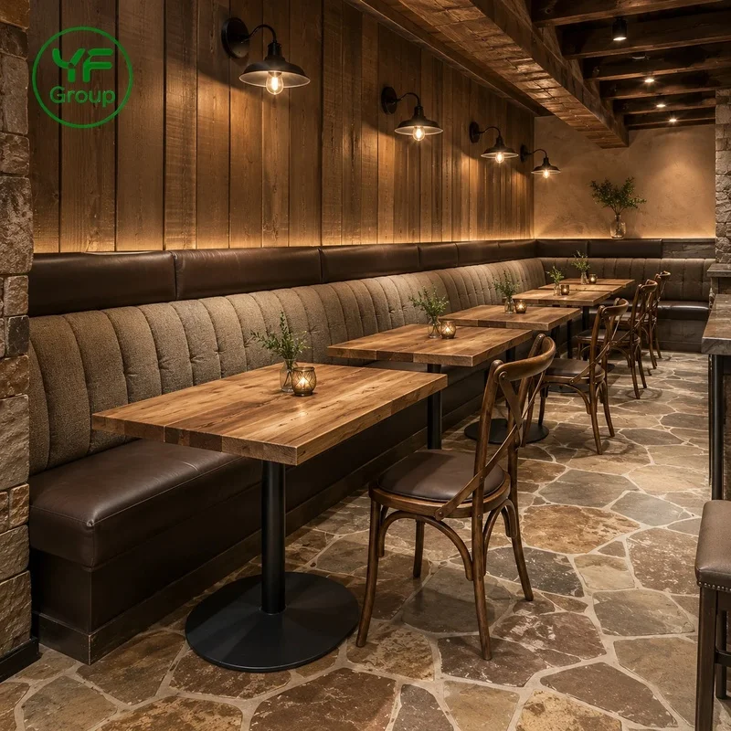 Factory Custom Restaurant Furniture Booth Seating Banquette with Sintered Stone Tables and Upholstered Chairs for bar Hotel