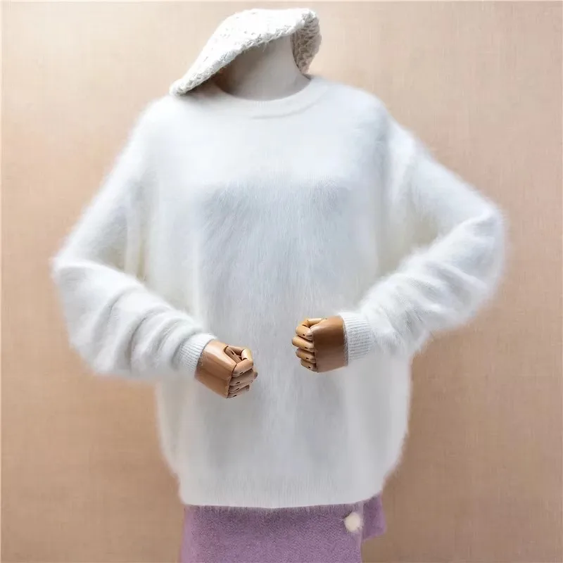 Frauen Mujer Herbst Winter Kleidung grün haarige Angora Kaninchen haar gestrickt O-Ausschnitt lange Ärmel lose Pullover Pullover Pullover ziehen