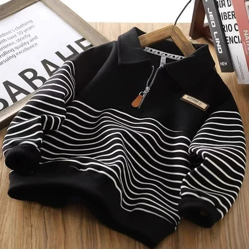 Boys Girls Fashion Half‑Zip Polo Collar Sweatshirt Spring Autumn Stripe Casual Long Sleeve Pullover Tops for Kids 4-14 Years