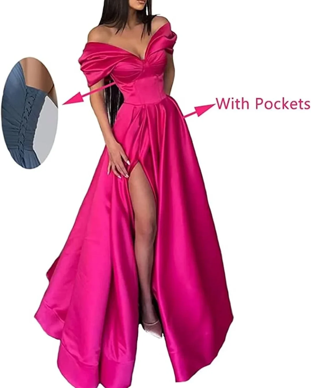 Customized Off Shoulder V-neck Vestidos De Mujer Slim Waist Split Prom Dresses With Pockets Long Pleates Formal Evening Gowns