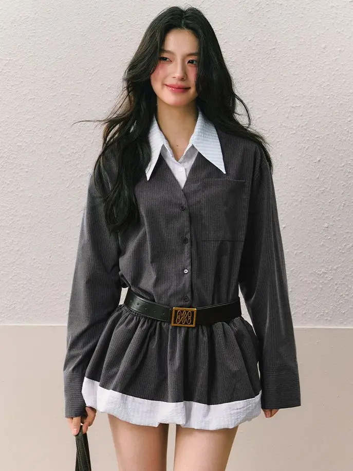 

Autumn And Winter New Skirt Tide Ins Korean Fashion Gray Stitching Fake Two Shirts Slim Fluffy Dress Woman