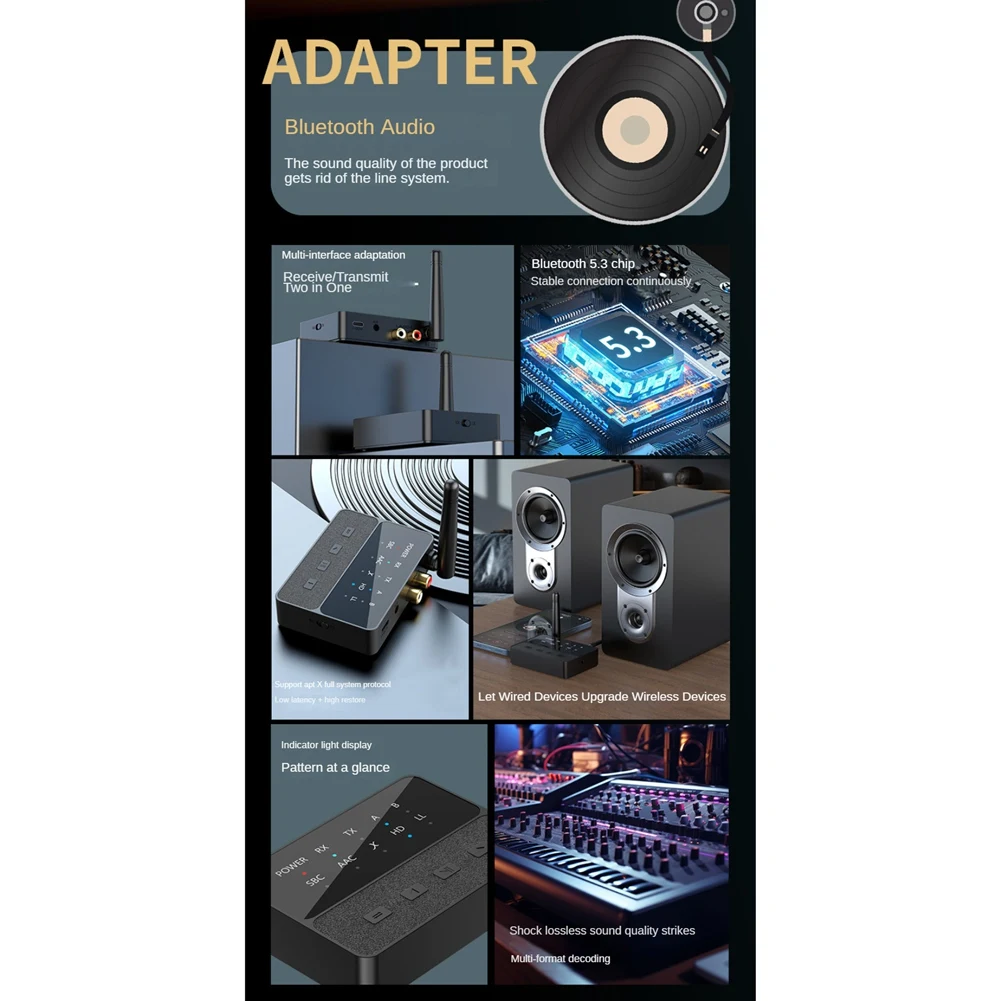 Bluetoothオーディオアダプター,ワイヤレスhifiステレオレシーバー,ロスレスサウンド,Aptx hd llトランスミッター,5.3