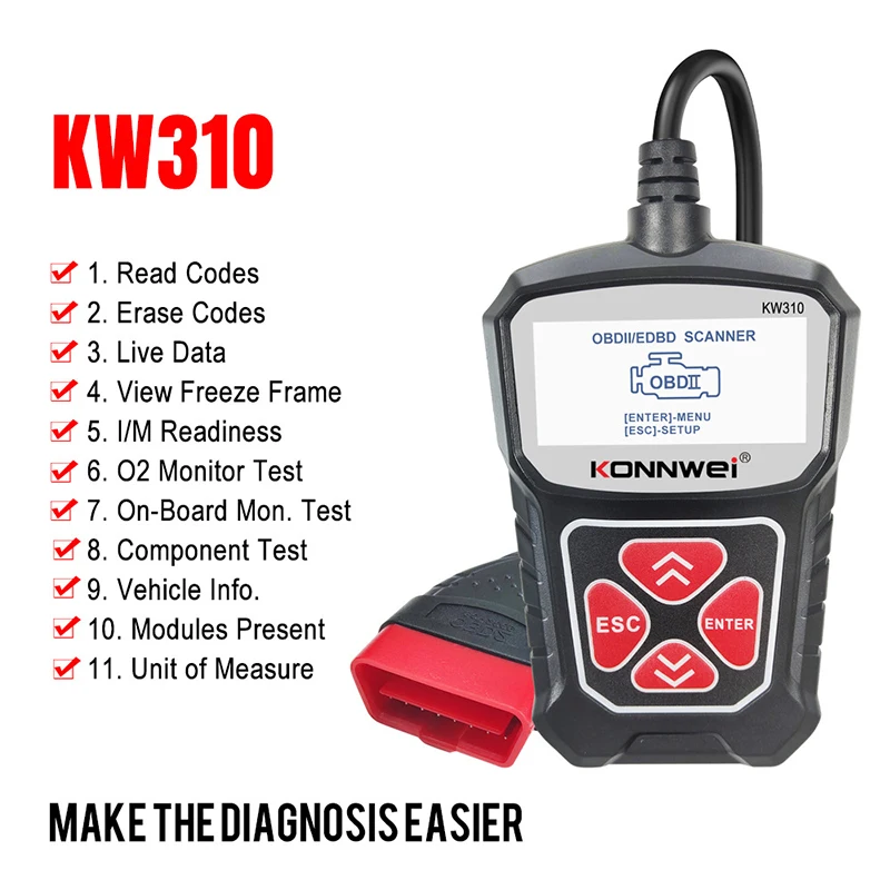 

KW310 OBD2 Scanner Auto Car Engine Diagnosis Scan Check Tool Professional Automotive ODB2 Fault Code Reader Support 7 Languages