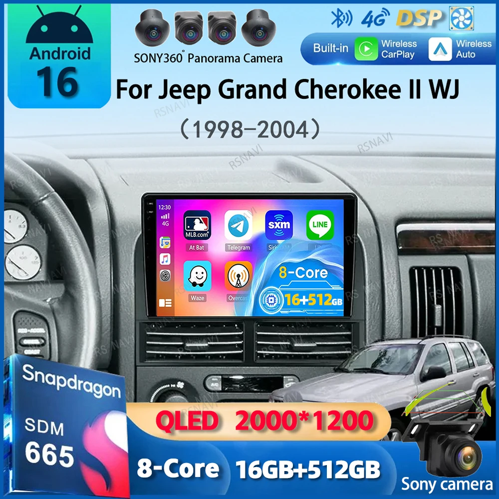 Radio samochodowe Android 16 Carplay Auto do Jeep Grand Cherokee II WJ 1998 - 2004 Nawigacja GPS Odtwarzacz multimedialny Stereo WIFI+4G 2DIN