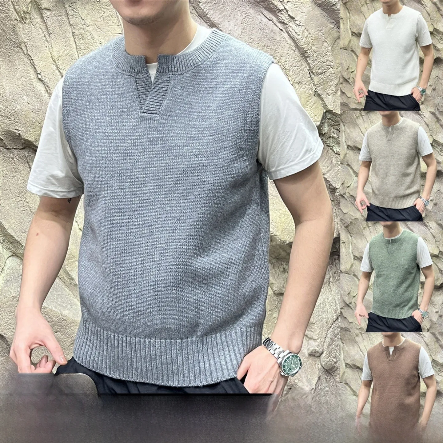 

Ele Ретро вязаный жилет, мужской модный повседневный маленький V-Ne, теплый осенне-зимний многослойный жилет, однотонный свитер