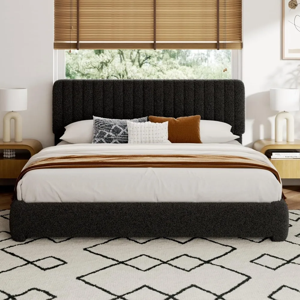

King Size Boucle Bed Frame, Upholstered Cloud Platform Bed Frame with Adjustable Headboard, Vertical Tufted, Soft Rounded Corner