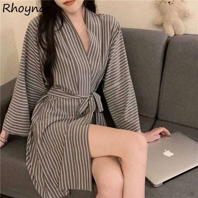 Japan Style Retro Striped Design Robes Women Autumn Thin M-2XL Loose All-match Casual Comfort Sleepwear Elegant Cozy Harajuku BF