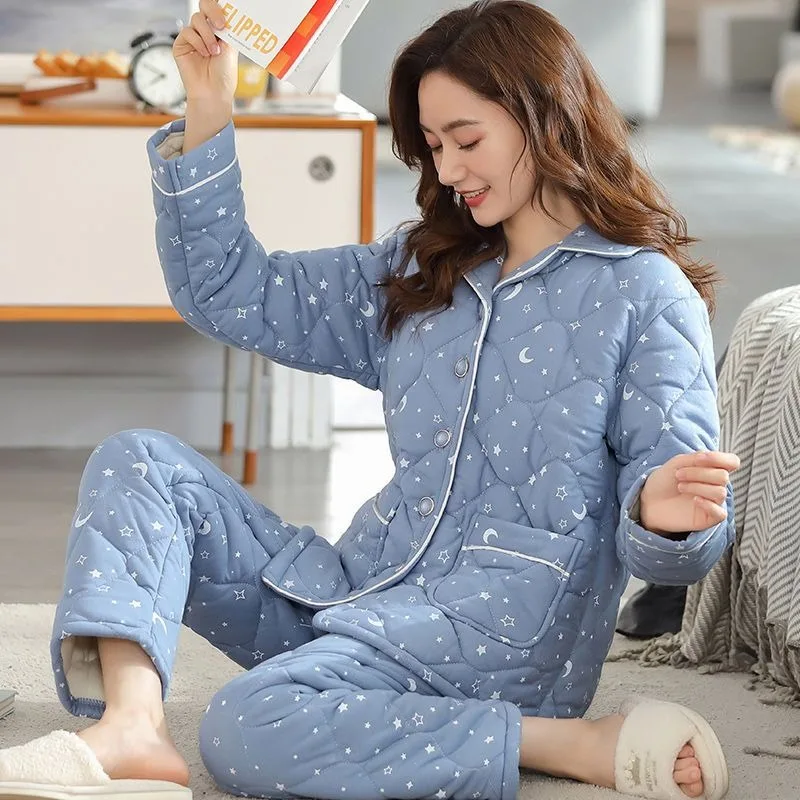 Pijama de algodão de três camadas feminino, terno de pijama, loungewear, 100% puro, espessado, quente, outono, inverno, novo, 2023