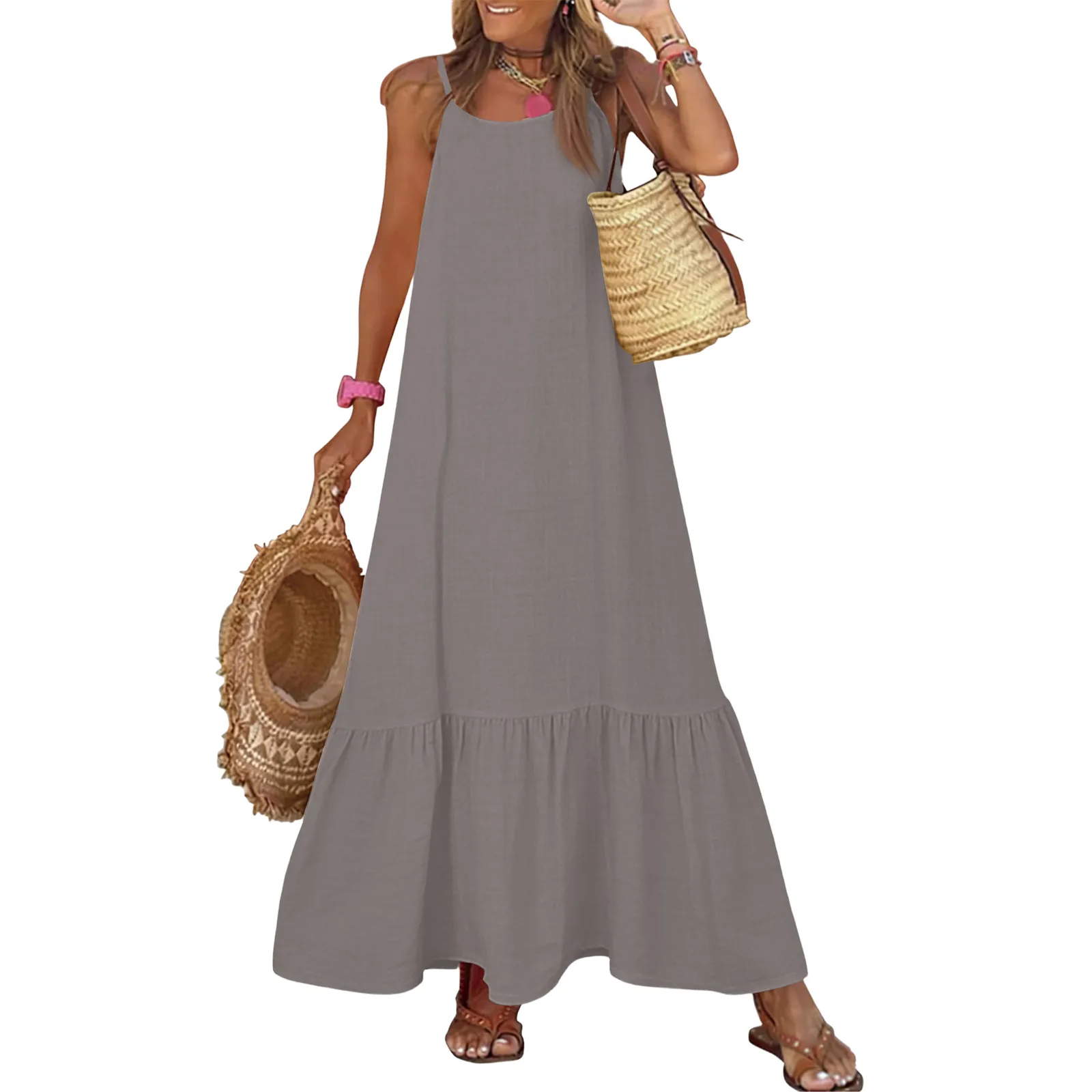 ชุดเดรสฤดูร้อนสำหรับผู้หญิง สายเดี่ยว คอวี แต่งระบาย จับสม็อค ทรงพลิ้ว สไตล์โบฮีเมียน ยาว