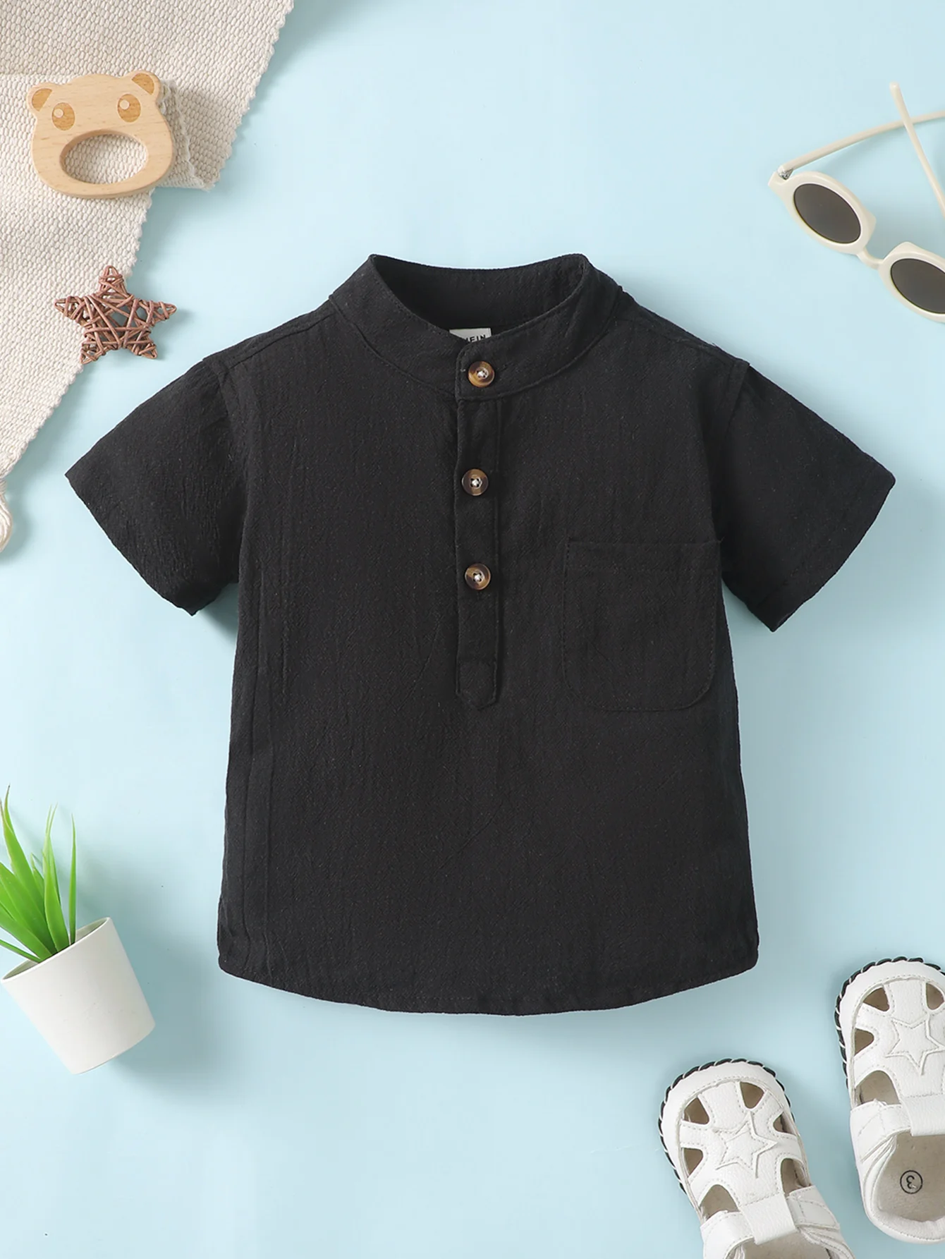 Baby Boy Small Stand Collar T-Shirt Fashion All-Match Short-Sleeved Pocket Boy Baby Anti-Dirty Pure Black Top Daily Wind