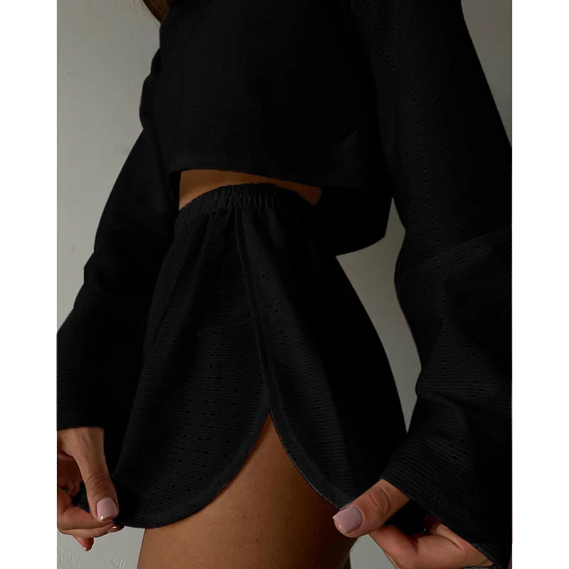 Frauen Pyjamas Set Nachtwäsche Frühling Langarm Tops Mit Shorts Hause Kleidung 2-teilige Sets Pyjama Femme Loungewear Pijama Mujer – Detail 2