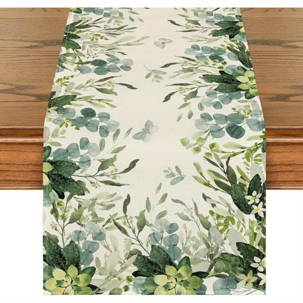 1pc, Table Runner, Polyester Green Plants Eucalyptus Leaf Pattern Table Runner, Spring Theme Decorative Table Runner