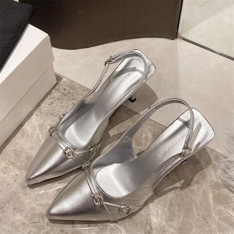 Baotou sandal Stiletto pesta perjamuan, Kasut tunggal model super elegan temperamen berongga lancip musim panas